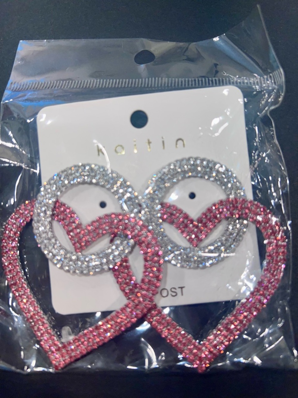 Pink & Silver Crystal Heart Drop Earrings